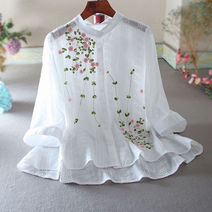 レディース シャツ トップス 春夏 カジュアル 前開き 春 夏 レース 刺繍 ハイネック フリル スタンドカラー レギュラー ボタン ポリエステル 立ち襟
