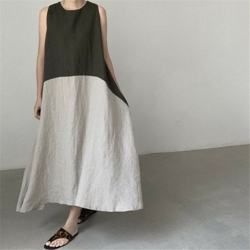 ドレス ノースリーブ 無地 春夏 袖なし 春 夏 膝上 ラウンドネック シンプル ロング シック