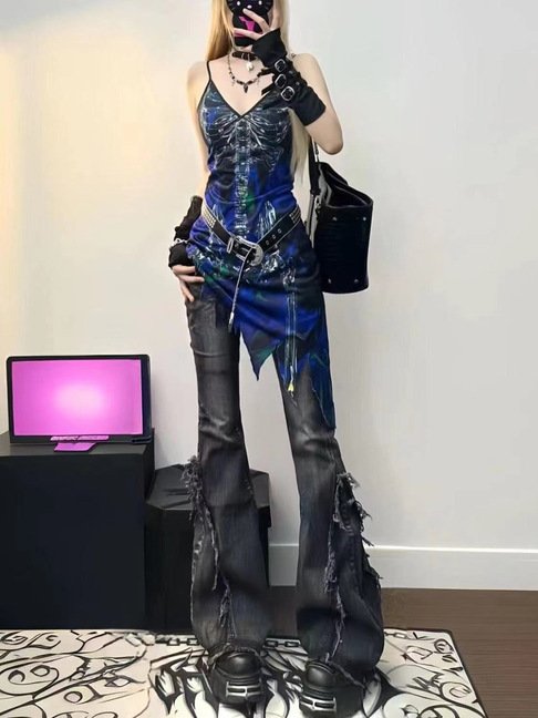 レディース パンツ コットン 綿 デニム 秋冬 秋 カジュアル レトロ フレア ショート 冬 グレー デニムパンツ フリンジ