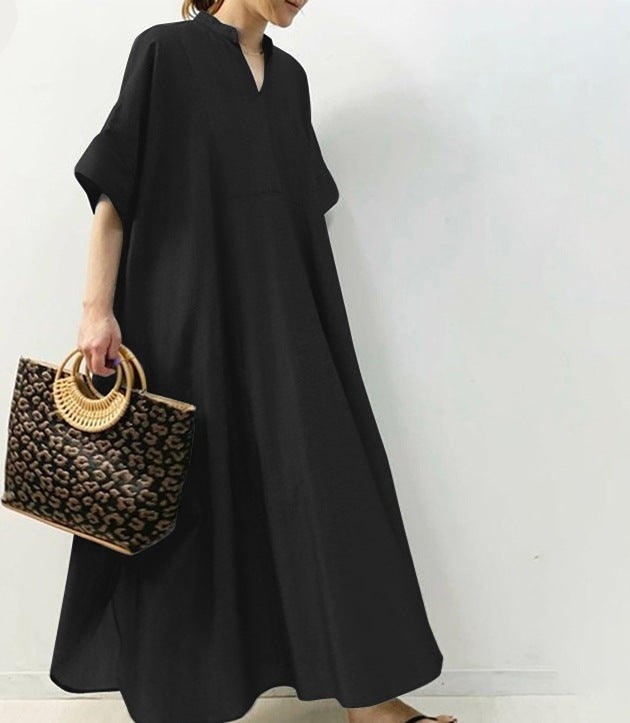 レディース ワンピース ロング マキシ 丈長 5分袖 キーネック ワイド Aライン オーバーサイズ 大人可愛い きれいめ シンプル カジュアル おしゃれ こなれ感 ラフ ルーズ 存在感 抜け感 ナチュラル 無地 春 夏 ママ 通勤 学生 デート お出かけ お泊まり アウトドア リゾート 旅行 公園 女子会 休日 バカンス ショッピング カフェ ランチ お家時間 体型カバー トレンド 定番 S M L XL 2XL 大きいサイズ ゆったり ゆる 黒 茶色 グレー ネイビー ベーシックカラー 大人カラー