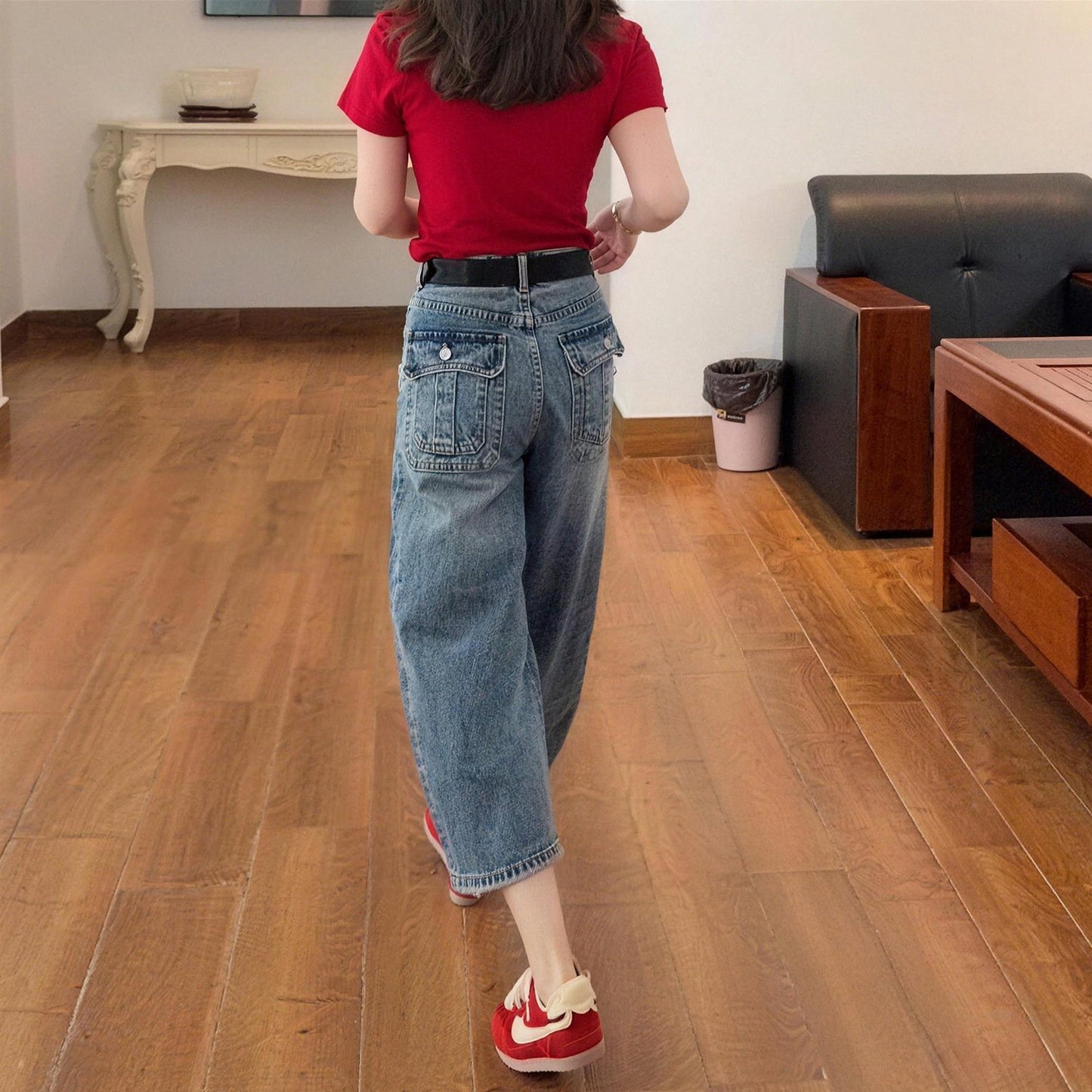 レディース パンツ ゆったり ワイド デニム 春夏 カジュアル アメリカン きれいめ 春 夏 上品 レトロ 薄手 美脚 デニムパンツ ハイウエスト タイ
