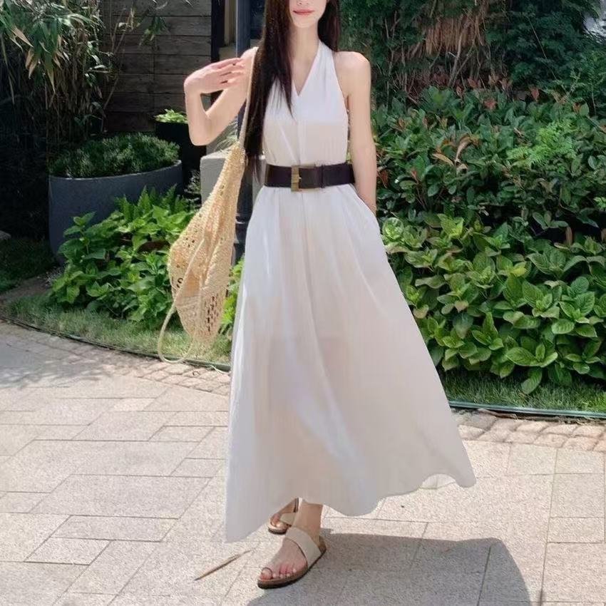ワンピース ノースリーブ 無地 春夏 きれいめ 通勤 袖なし Vネック 春 夏 シンプル ロング ホワイト Aライン ブラック パープル アプリコット
