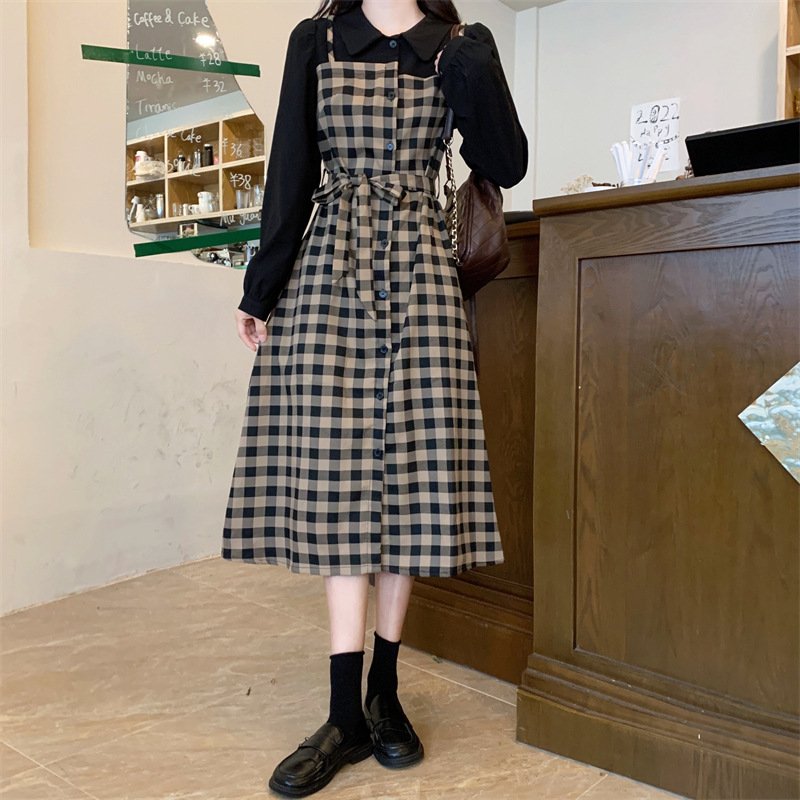 ワンピース 長袖 チェック柄 春 秋 レトロ 春夏 ぽっちゃり 襟付き
