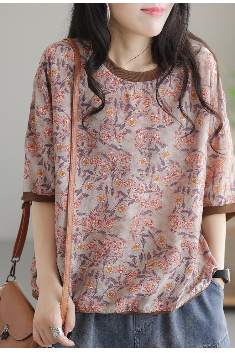 Tシャツ 半袖 プリント 麻 夏 レトロ 春夏 ラウンドネック シャツ レギュラー