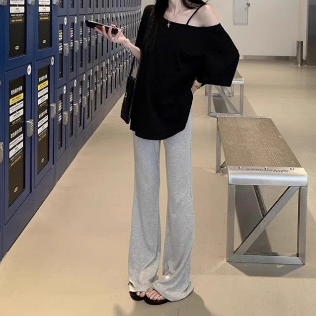 レディース トップス Tシャツ カットソー 半袖 ゆったり 夏 春夏 フレア パンツ ブラック グレー シャツ オフショルダー ハイウエスト タイ セットアップ