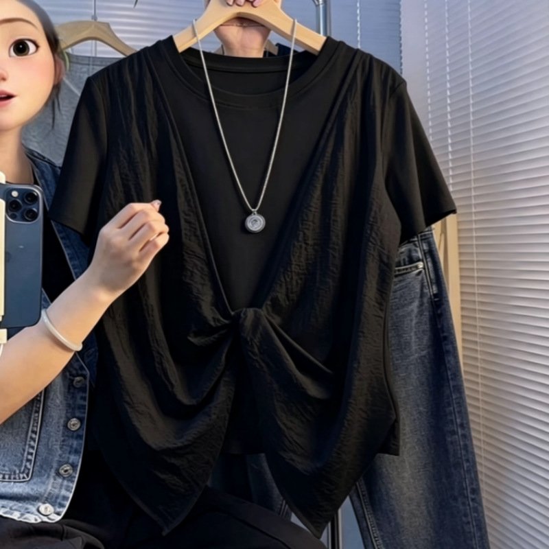 レディース Tシャツ 半袖 ゆったり コットン 綿 春夏 カジュアル 体型カバー 春 夏 ラウンドネック シャツ 切り替えデザイン レイヤード タイ レギュラー