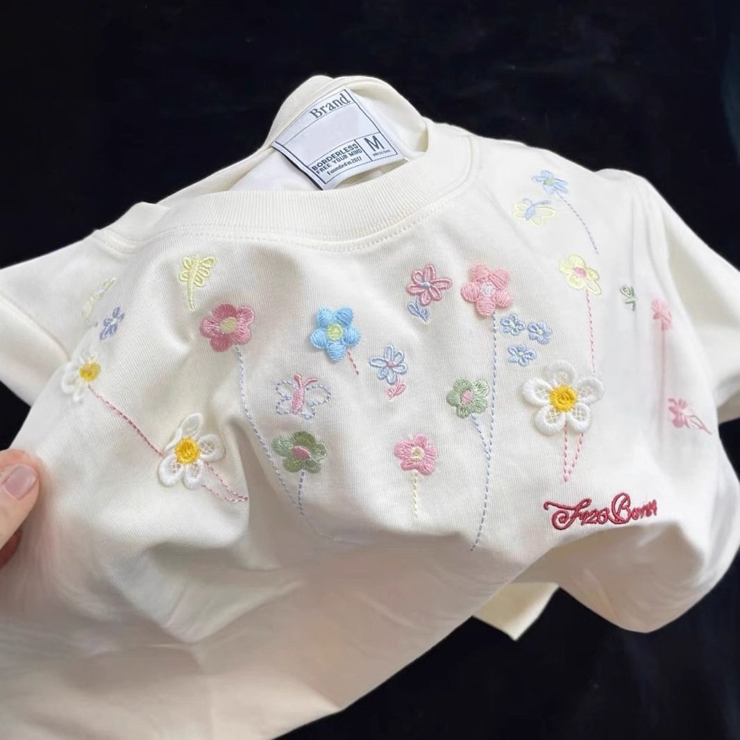 トップス 半袖 花柄 スリム 春夏 カジュアル 春 夏 ラウンドネック 刺繍 レギュラー ポリエステル