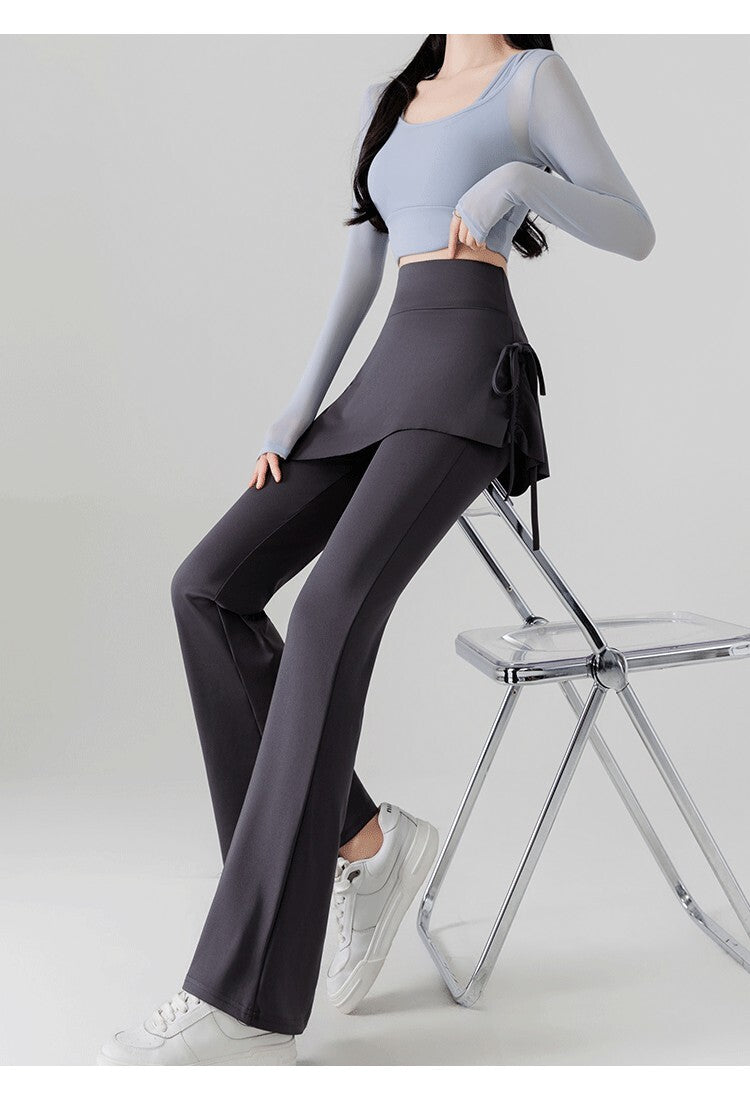 レディース ボトムス ロングパンツ フレアパンツ 重ね着風 フェイクレイヤード アシンメトリー 切り替え 裾ワイド フェミニン リボン ハイウエスト かわいい 大人可愛い きれいめ シンプル カジュアル 上品 おしゃれ こなれ感 スポーティー ガーリー 抜け感 無地 春 夏 秋 学生 学校 通学 お出かけ お泊まり ジム 公園 女子会 休日 高原 ガーデン ショッピング カフェ ダンス ヨガ トレーニング 美脚 脚長 普段使い 着回し M L XL 黒 ブラック グレー