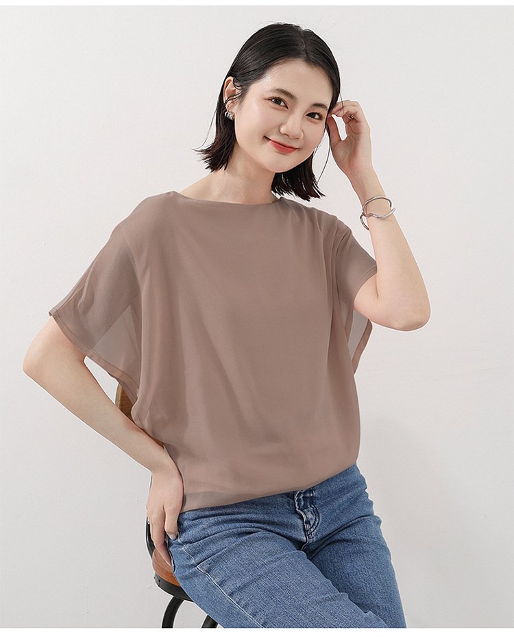 トップス Tシャツ 半袖 無地 ゆったり スリム 春夏 きれいめ 通勤 体型カバー 春 夏 ラウンドネック 上品 シフォン シャツ 薄手 丸襟 レギュラー ポリエステル