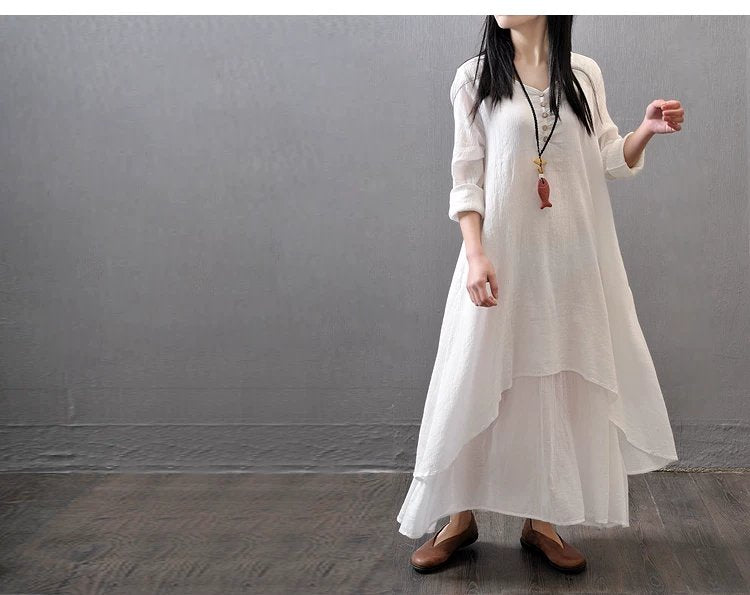 ワンピース ドレス 長袖 無地 春夏 Vネック 春 夏 シンプル 秋 ロング 上品