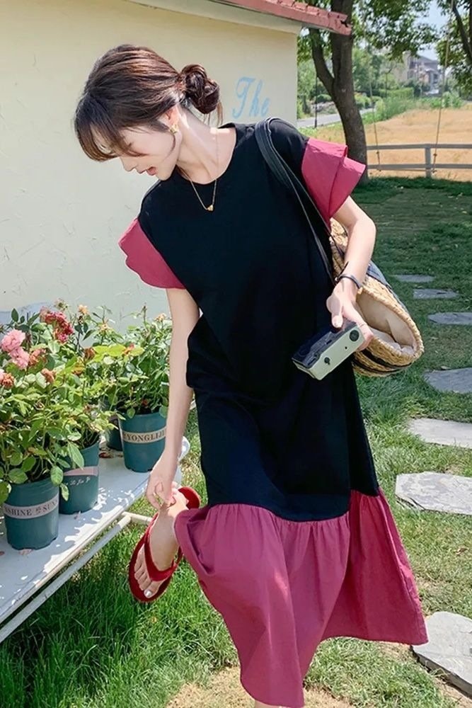 ワンピース ドレス 半袖 無地 春夏 きれいめ 通勤 春 夏 ラウンドネック シンプル ロング タイト 大きい フレア フレンチスリーブ 切り替えデザイン 細身 Aライン