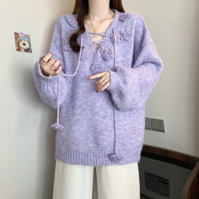 レディース トップス セーター ニット フラワー フラワーモチーフ フラワーモチーフ付き 編み上げ リボン プルオーバー ざっくり編み ゆったりシルエット 長袖 ドロップショルダー 萌袖 ワイド フェミニン かわいい 大人可愛い シンプル カジュアル おしゃれ こなれ感 ラフ ガーリー 主役級 存在感 抜け感 キュート ロマンティック ナチュラル 無地 秋 冬 デート お出かけ イベント 女子会 休日 ショッピング カフェ お家時間 重ね着 普段使い 着回し レイヤード ゆったり フリーサイズ ワンサイズ