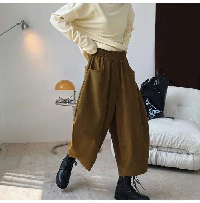 パンツ ゆったり 秋冬 秋 カジュアル 冬 韓国ファッション 薄手 切り替えデザイン ハイウエスト ポリエステル