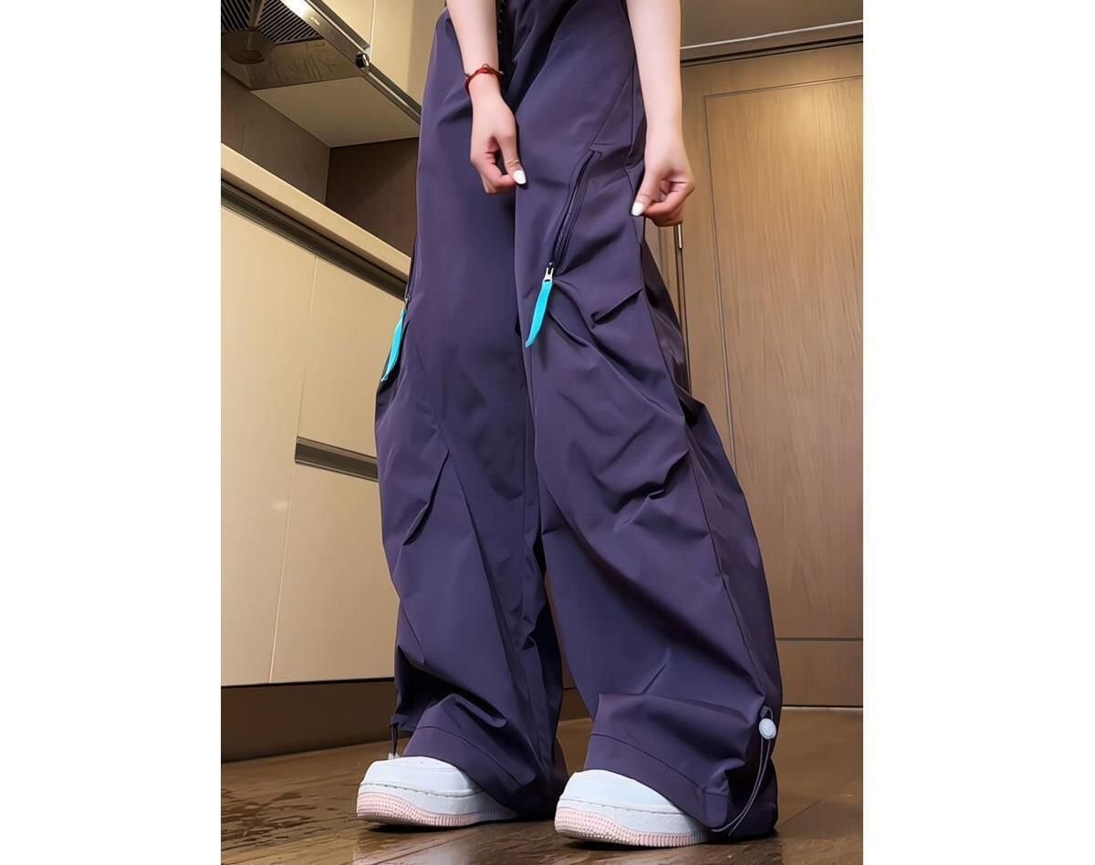 レディース パンツ 秋冬 秋 カジュアル アメリカン 冬 紫 ロング 薄手 切り替えデザイン ハイウエスト 速乾 ポリエステル