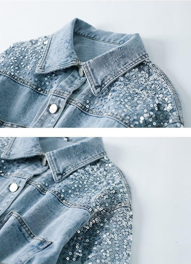 レディース ジャケット 上着 デニムジャケット スパンコール スパンコール刺繍 襟付き 前開き ボタン スリット バックスリット ヴィンテージライク デニム ブルーデニム かわいい 大人可愛い シンプル カジュアル おしゃれ こなれ感 ラフ 主役級 存在感 抜け感 キュート ラグジュアリー ベーシック 春 秋 デート お出かけ イベント 女子会 休日 ショッピング カフェ 重ね着 普段使い 着回し レイヤード インスタ映え スタイリッシュ スタイルアップ M L ライトブルー
