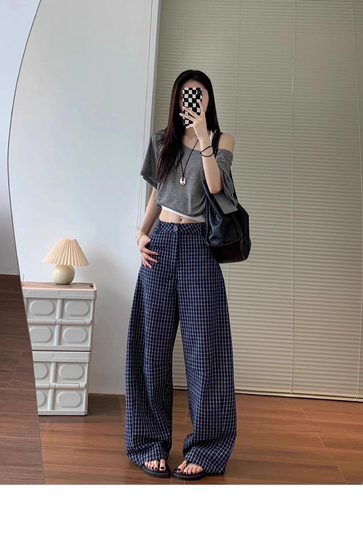 レディース パンツ チェック柄 ゆったり ワイド コットン 綿 春夏 カジュアル 春 夏 ロング 薄手 海 ハイウエスト
