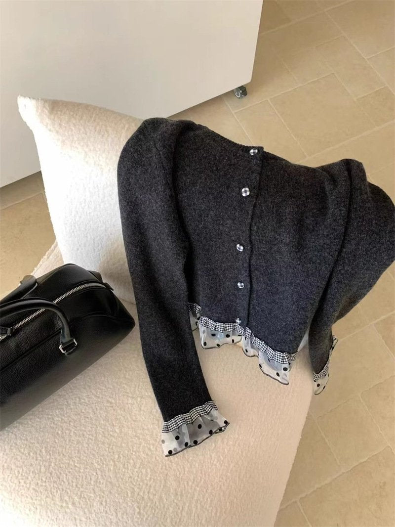 トップス ニット カーディガン 長袖 秋冬 秋 カジュアル ミニ ショート 膝丈 ラウンドネック レース 冬 切り替えデザイン セーター フェミニン ボタン