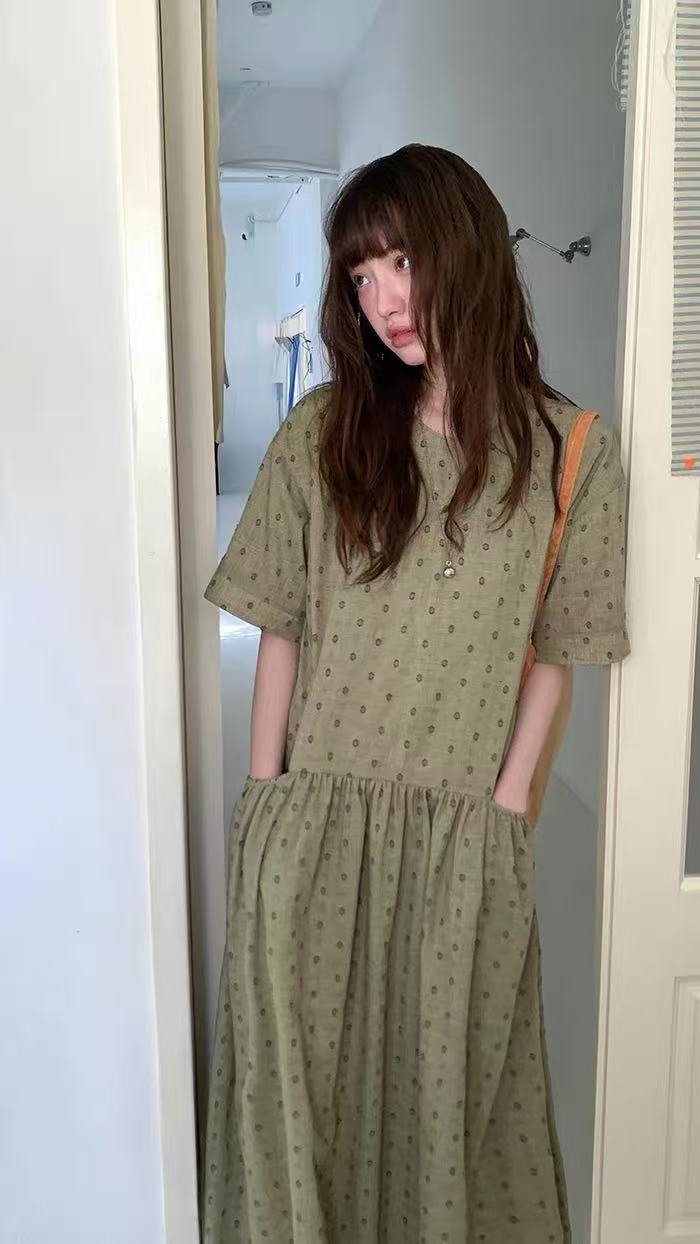 ワンピース 半袖 春夏 カジュアル きれいめ レトロ 体型カバー 通勤 春 夏 ラウンドネック ドット ロング Aライン