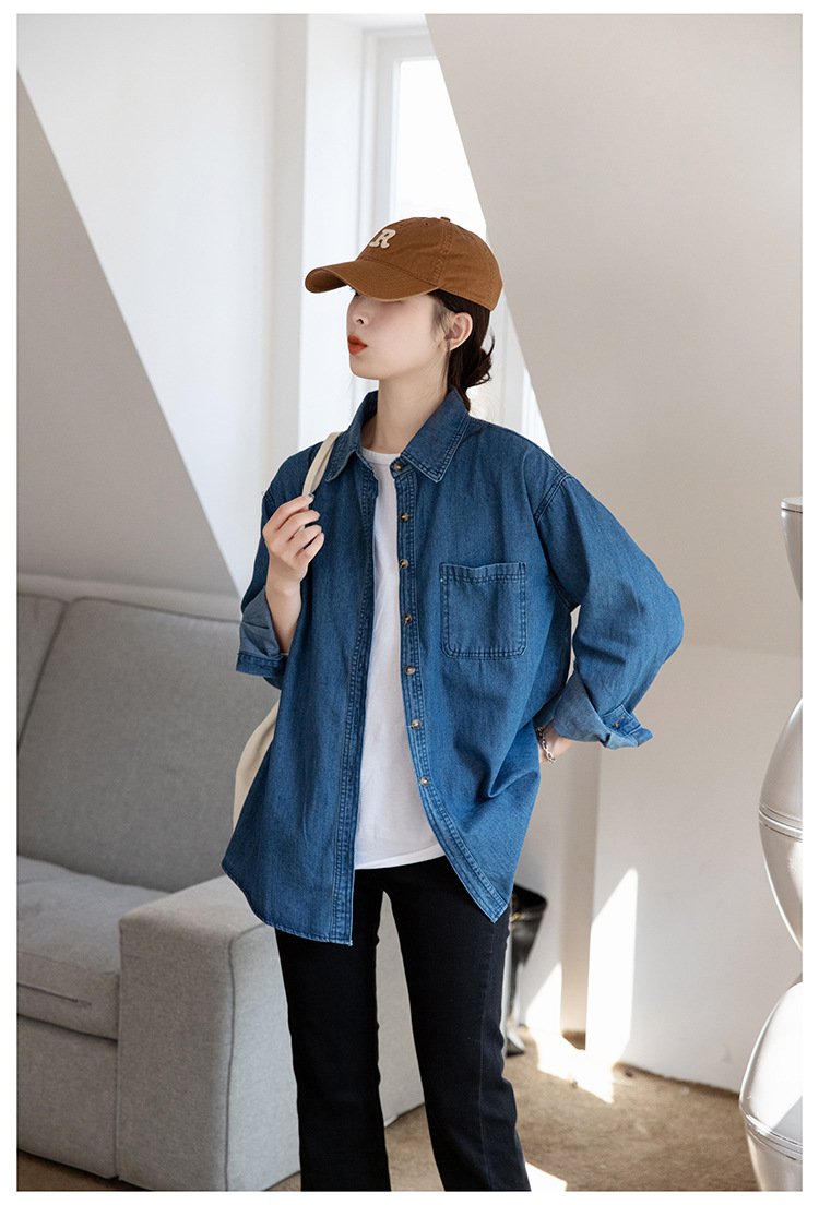 レディース シャツ トップス ジャケット 長袖 無地 コットン 綿 デニム 秋冬 秋 レトロ 韓国風 重ね着 前開き シンプル 冬 切り替えデザイン ヴィンテージ