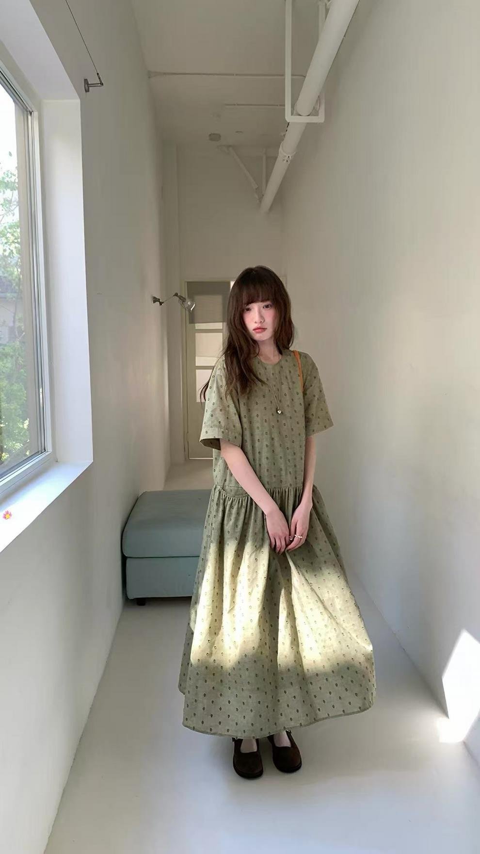 ワンピース 半袖 春夏 カジュアル きれいめ レトロ 体型カバー 通勤 春 夏 ラウンドネック ドット ロング Aライン