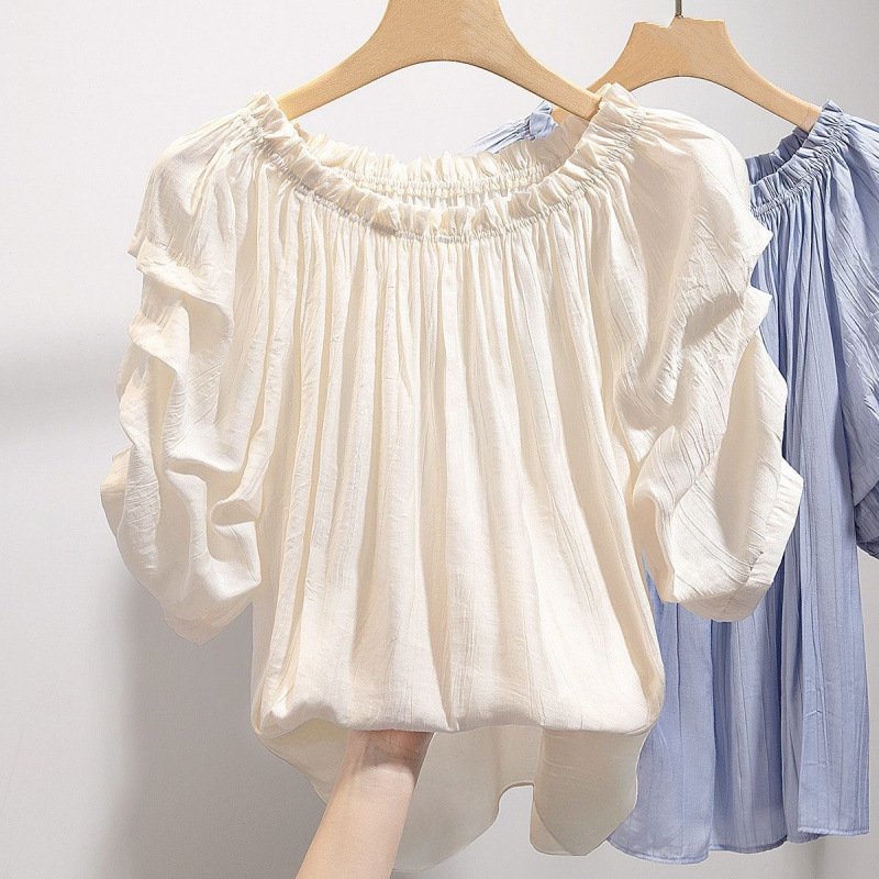 レディース シャツ トップス 半袖 無地 スリム 春夏 きれいめ 通勤 オフィス 前開き プリーツ 春 夏 シンプル オフショルダー エレガント レギュラー ボタン ポリエステル