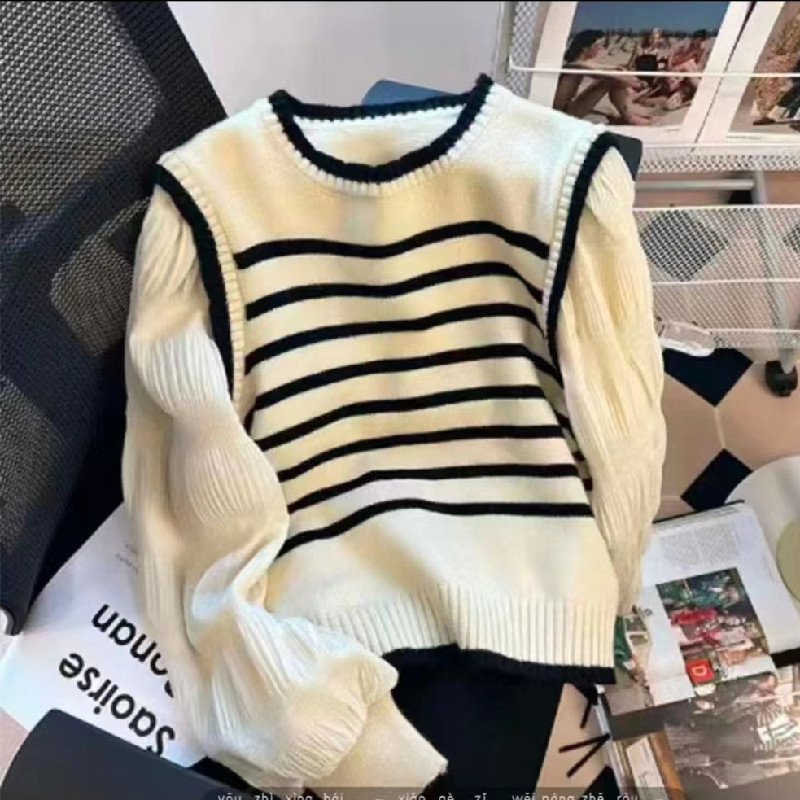 レディース トップス ニット 長袖 ボーダー ストライプ チェック柄 ゆったり 春 体型カバー 春夏 ラウンドネック セーター プルオーバー タイ ポリエステル