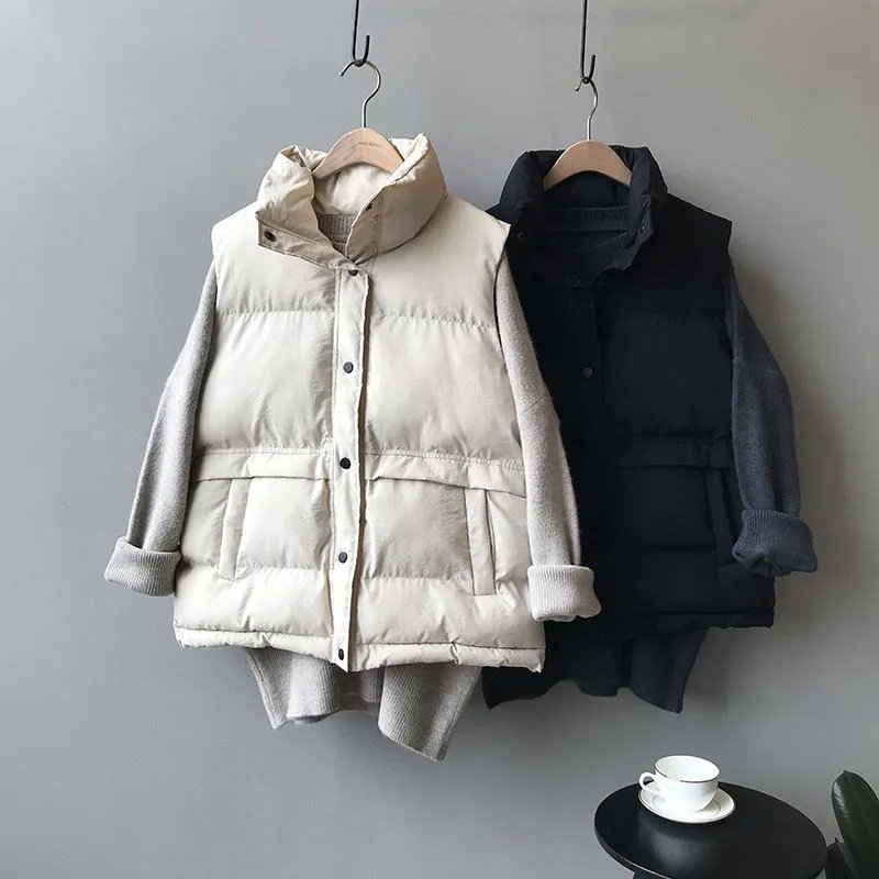 レディース ベスト ノースリーブ 無地 ゆったり コットン 綿 体型カバー 袖なし ショート シンプル 厚手 スタンドカラー