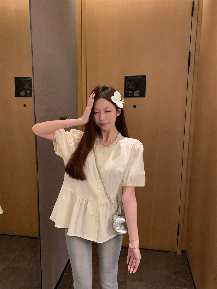 レディース シャツ 半袖 無地 春夏 レトロ 前開き 春 白 夏 ラウンドネック シンプル パフスリーブ レギュラー ポリエステル 白シャツ