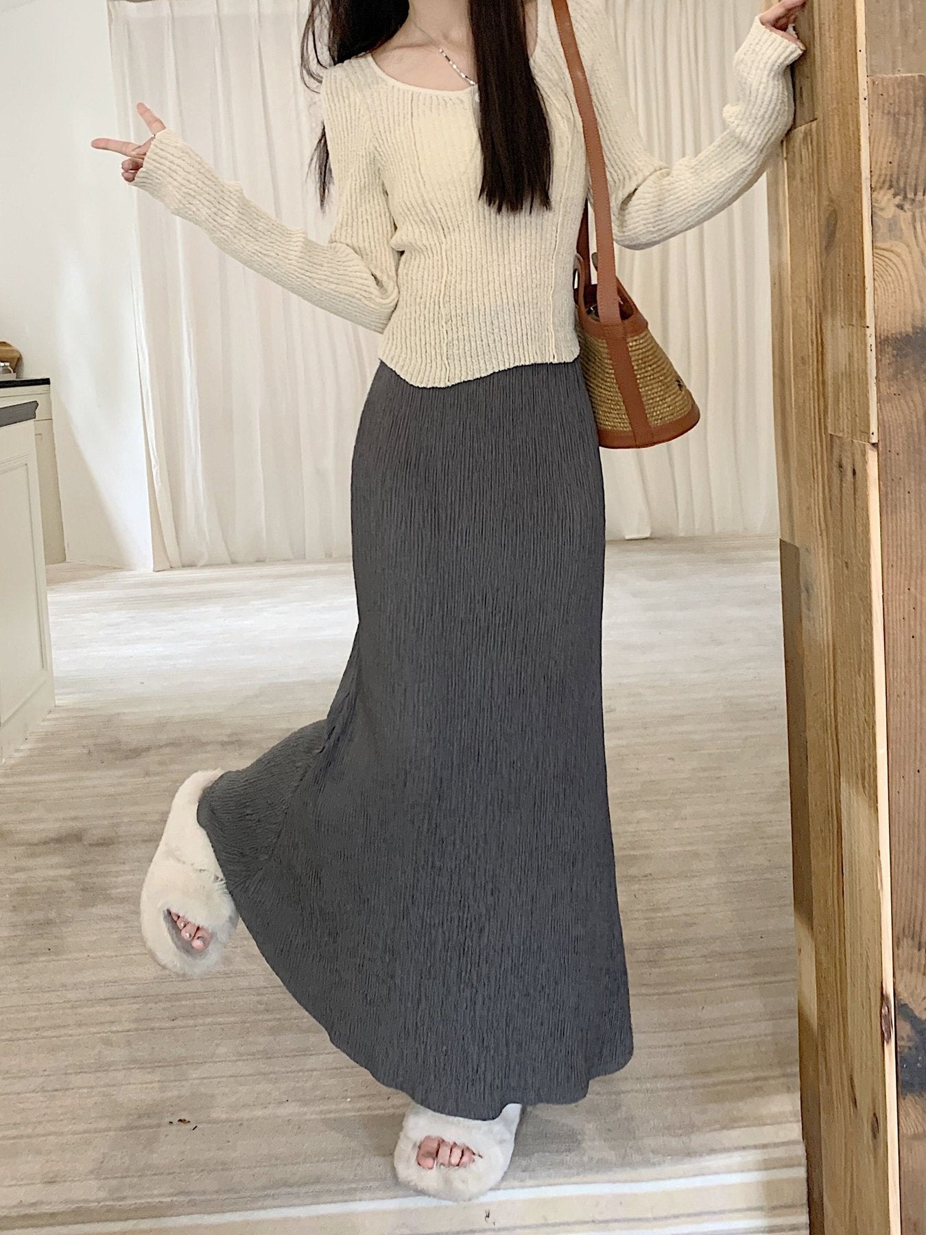 レディース スカート 無地 ゆったり スリム 春夏 カジュアル プリーツ 春 夏 シンプル ロング Aライン フィッシュテール ハイウエスト ロングスカート ポリエステル