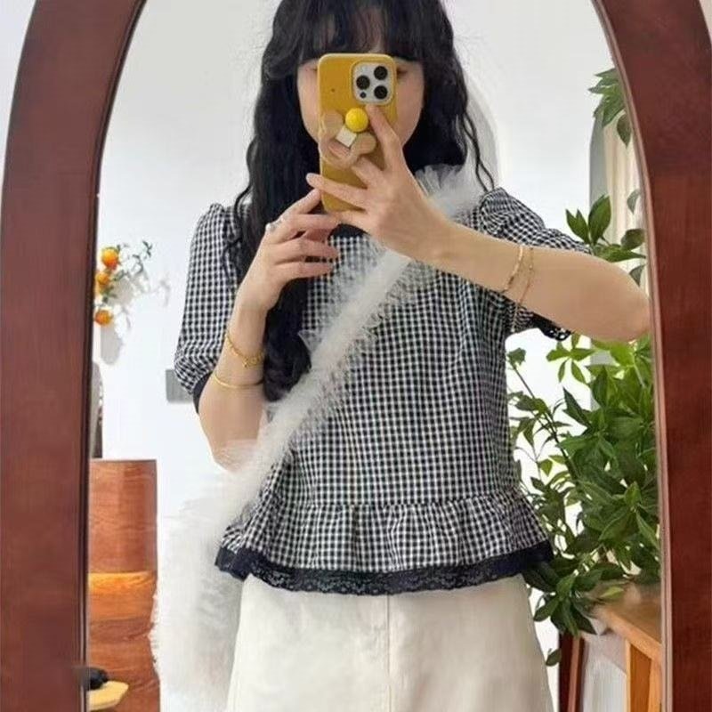 レディース シャツ トップス 半袖 チェック柄 花柄 春夏 きれいめ おしゃれ 前開き Vネック 春 夏 レース 上品 プルオーバー