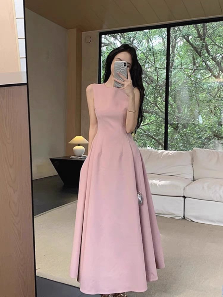 ドレス ノースリーブ 無地 スリム 春夏 きれいめ 袖なし 春 夏 ラウンドネック シンプル ロング 上品 ホワイト