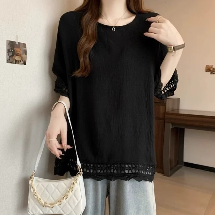トップス 半袖 無地 ゆったり 春夏 カジュアル 大きいサイズ 春 夏 ラウンドネック レース シンプル ミモレ ポリエステル