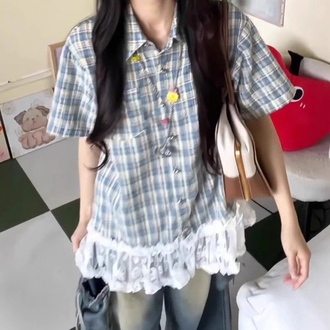レディース ブラウス シャツ トップス 半袖 チェック柄 ゆったり 夏 韓国風 大きいサイズ 春夏 前開き レース