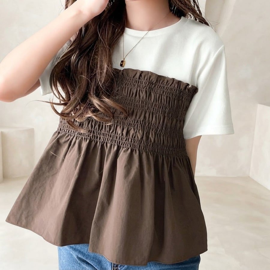 トップス Tシャツ ニット 半袖 春夏 きれいめ 通勤 春 ショート 夏 韓国ファッション シャツ 切り替えデザイン 都会的