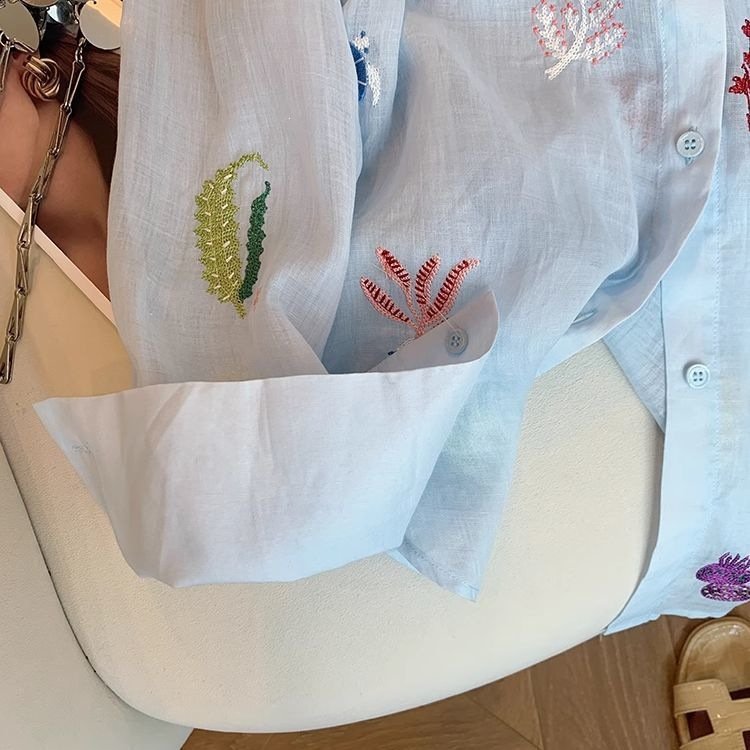 レディース シャツ 半袖 長袖 アニマル柄 春夏 前開き ミニ 春 夏 刺繍 ロング シフォン 切り替えデザイン 襟付き ブルー フェミニン ボタン UVカット