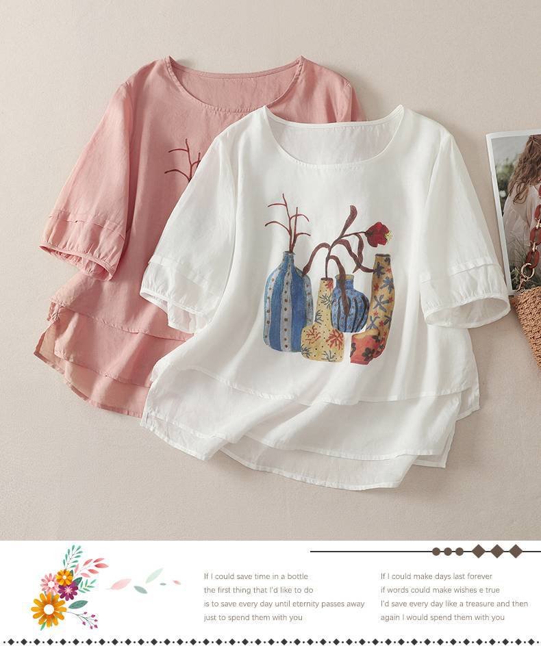 レディース シャツ トップス Tシャツ 半袖 プリント ゆったり コットン 綿 麻 春夏 きれいめ 通勤 体型カバー 前開き デニム 春 夏 プルオーバー レイヤード