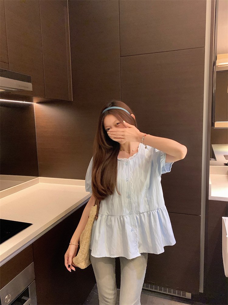 レディース シャツ 半袖 無地 春夏 レトロ 前開き 春 白 夏 ラウンドネック シンプル パフスリーブ レギュラー ポリエステル 白シャツ