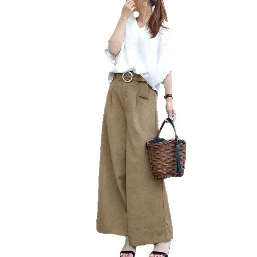 トップス パンツ 長袖 無地 ワイド 春夏 カジュアル Vネック 春 夏 シンプル ベルト ワイドパンツ 切り替えデザイン セットアップ ベルト付き ポリエステル