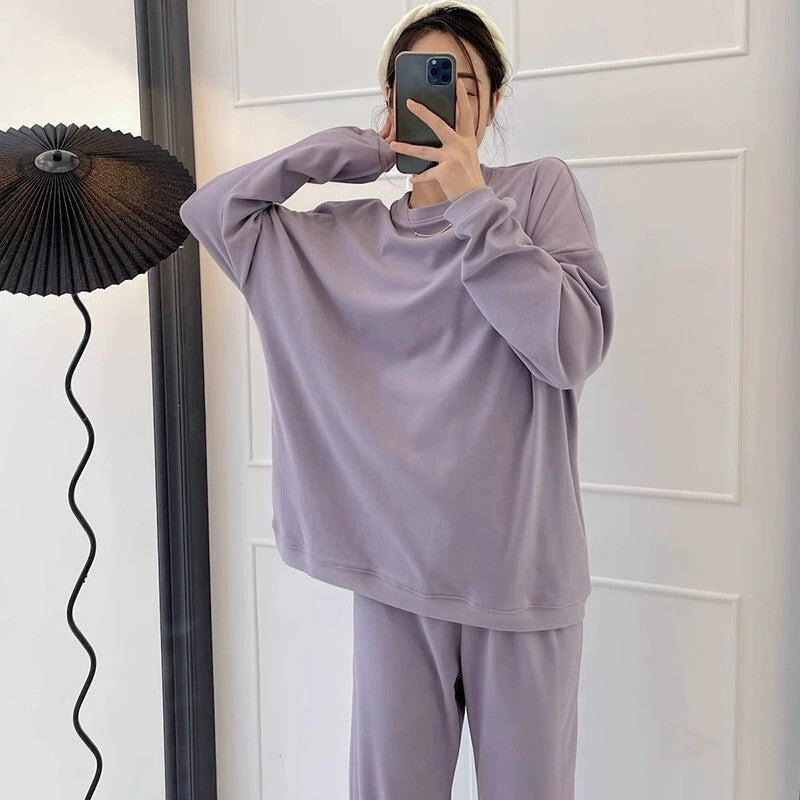 レディース トップス パンツ ボトムス ルームウェア パジャマ プルオーバー 部屋着 セットアップ 2点セット 上下セット 裏起毛 寝巻き ロング ミドル丈 長袖 ドロップショルダー ラウンドネック 襟なし ワイド オーバーサイズ  かわいい シンプル カジュアル ラフ こなれ感 ベーシック 無地 秋 冬 ママ お泊まり リゾート 旅行 休日 ホテル お家時間 楽ちん M L XL 2XL 大きいサイズ ゆったり ブラック ピンク ベーシックカラー