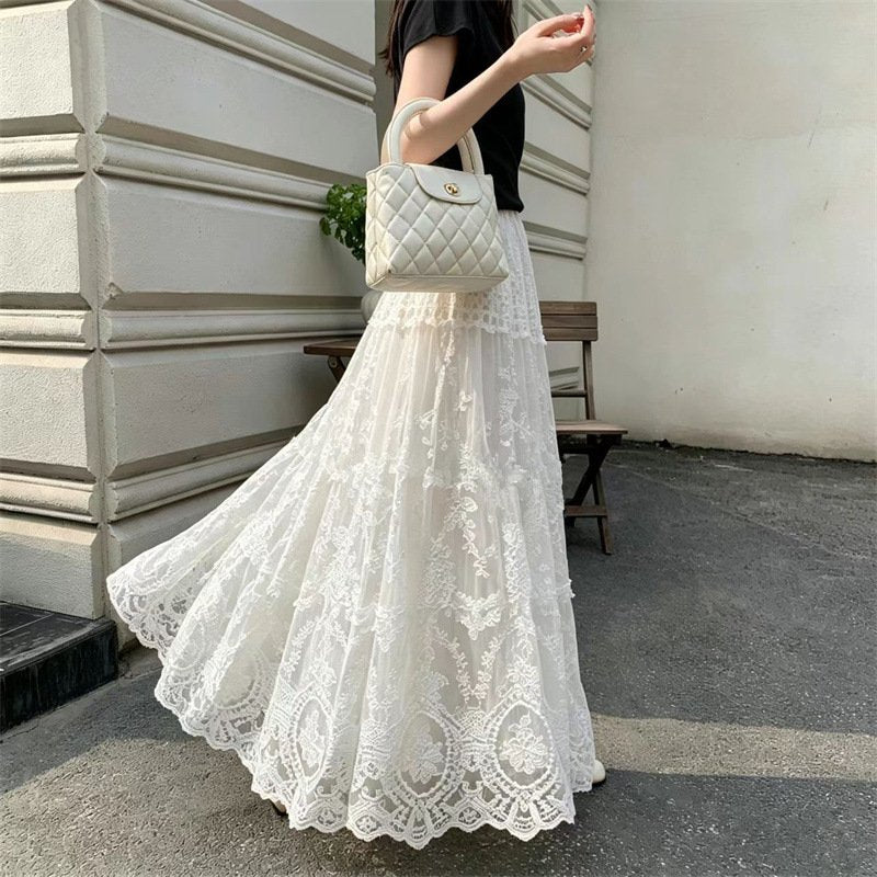 レディース スカート 無地 春夏 カジュアル 春 夏 レース 上品 ロング 切り替えデザイン ハーフ ハイウエスト ストレッチ ロングスカート