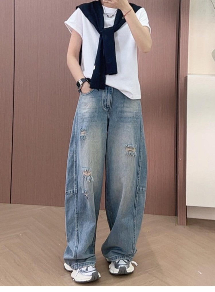レディース パンツ ゆったり ワイド コットン 綿 デニム 夏 秋冬 カジュアル 大きいサイズ 秋 冬 スリム ロング ストレート ロングパンツ デニムパンツ ハイウエスト ダメージ