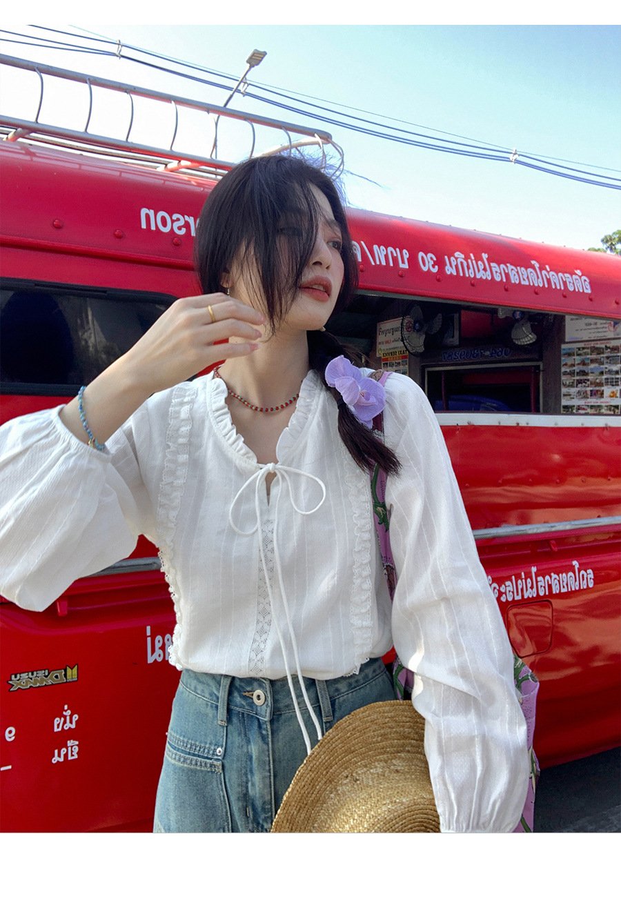 レディース ブラウス シャツ 長袖 無地 コットン 綿 春夏 きれいめ 通勤 オフィス 前開き 春 白 夏 秋 レース シンプル 上品 プルオーバー レースアップ レギュラー 白シャツ