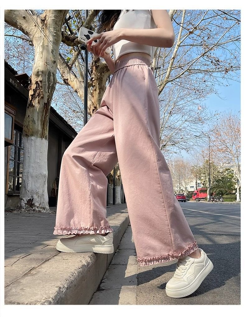 レディース パンツ 無地 ゆったり ワイド 春夏 カジュアル 春 夏 シンプル ロング フリル ワイドパンツ 切り替えデザイン ドレープ ウエストゴム ポリエステル