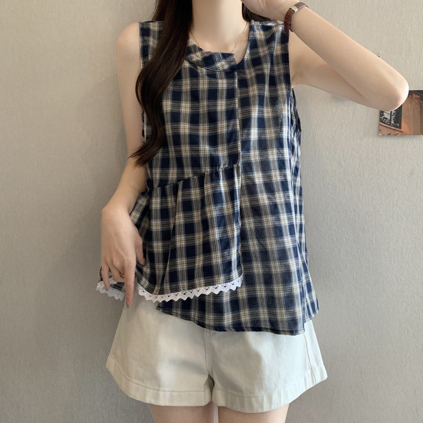 レディース シャツ チェック柄 春夏 きれいめ 大きいサイズ 前開き 春 夏 レース 上品 フリル Aライン レギュラー ポリエステル