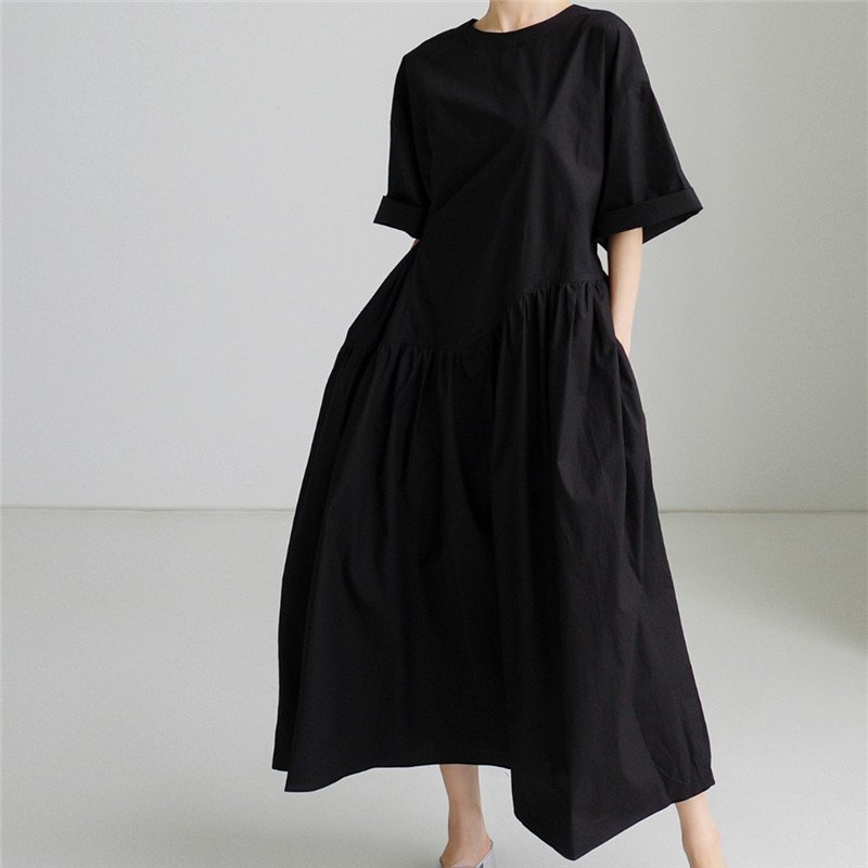 ワンピース 長袖 無地 春夏 カジュアル きれいめ 春 夏 ラウンドネック シンプル ロング 上品 大きい 切り替えデザイン