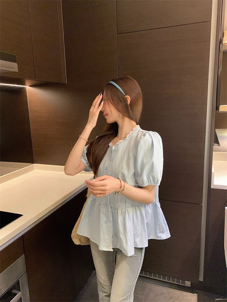 レディース シャツ 半袖 無地 春夏 レトロ 前開き 春 白 夏 ラウンドネック シンプル パフスリーブ レギュラー ポリエステル 白シャツ
