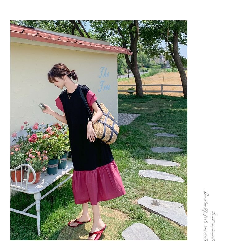 ワンピース ドレス 半袖 無地 春夏 きれいめ 通勤 春 夏 ラウンドネック シンプル ロング タイト 大きい フレア フレンチスリーブ 切り替えデザイン 細身 Aライン
