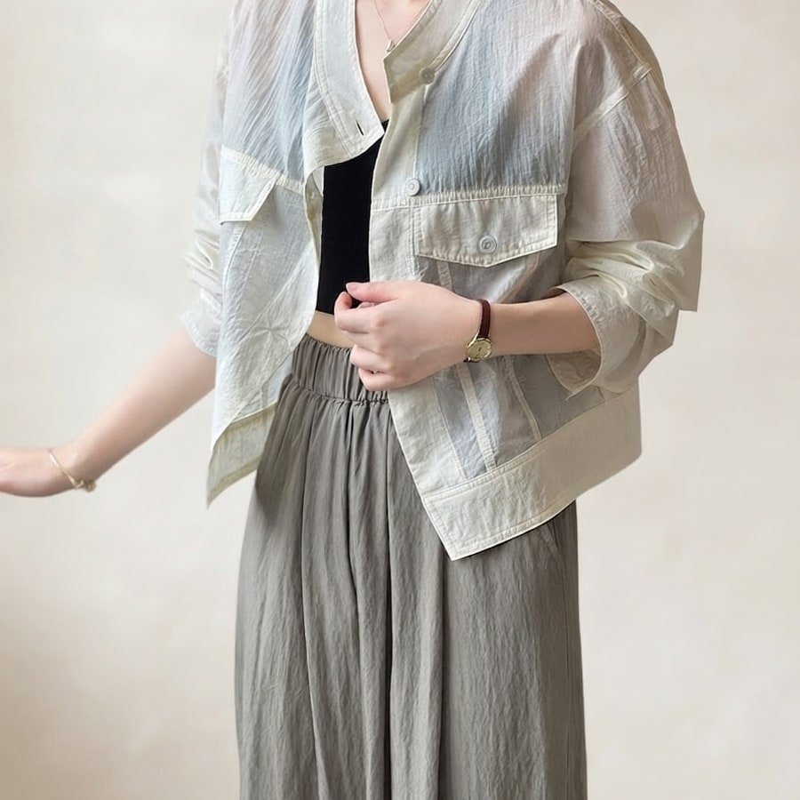 レディース シャツ コート 長袖 夏 韓国風 春夏 前開き ショート 薄手 スタンドカラー アウター ボタン ポリエステル