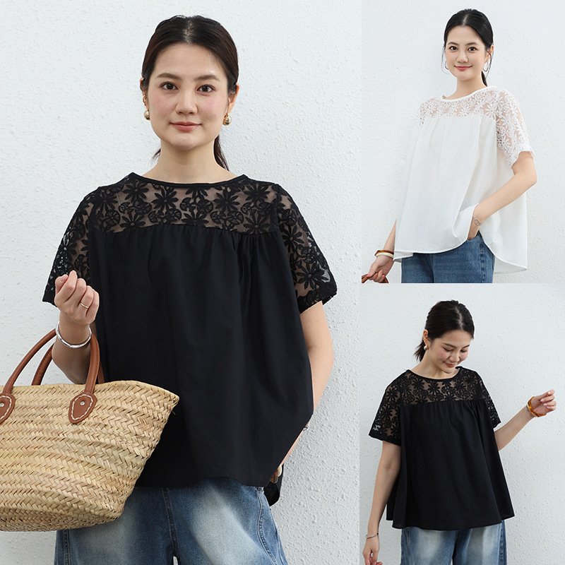 シャツ トップス Tシャツ 半袖 無地 ゆったり 春夏 きれいめ 通勤 大きいサイズ 前開き 春 夏 ラウンドネック レース シンプル 上品