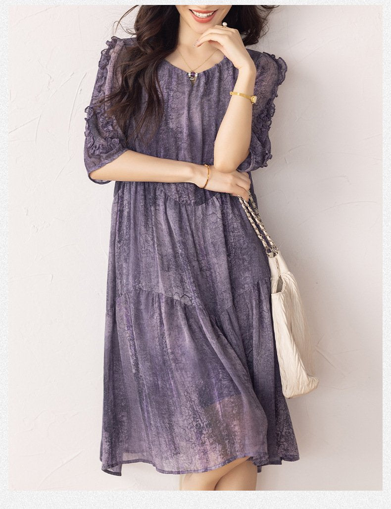 ワンピース 半袖 春夏 きれいめ 春 夏 ラウンドネック ミモレ シフォン 上品 ハイウエスト